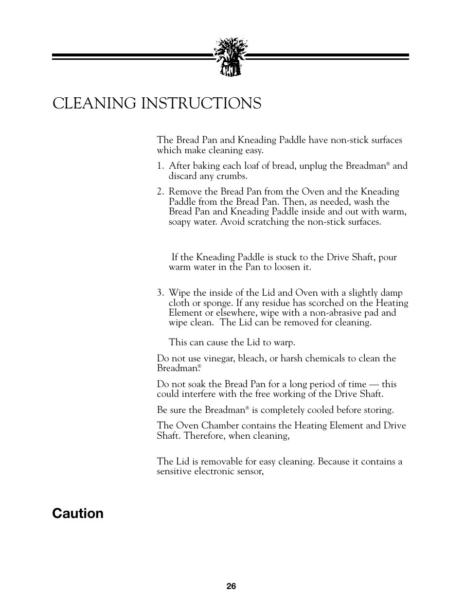 Cleaning instructions, Caution | Breadman BREAD BAKER  TR845 User Manual | Page 28 / 53