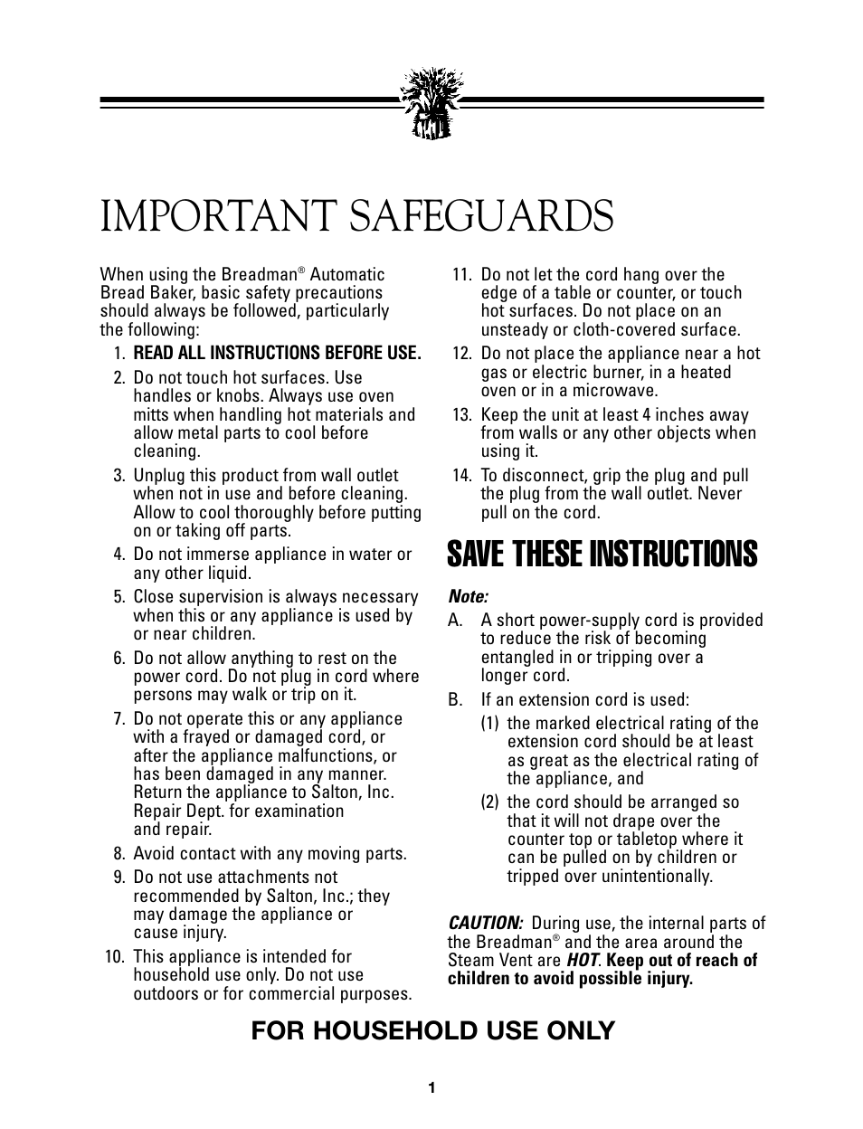 Important safeguards, Save these instructions, For household use only | Breadman BREAD BAKER  TR845 User Manual | Page 3 / 53