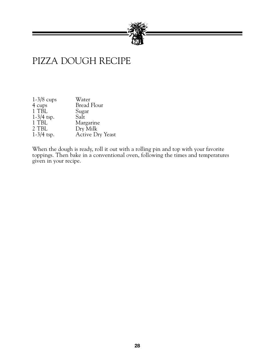 Pizza dough recipe, Pizza dough, 2 lb | Breadman BREAD BAKER  TR845 User Manual | Page 30 / 53