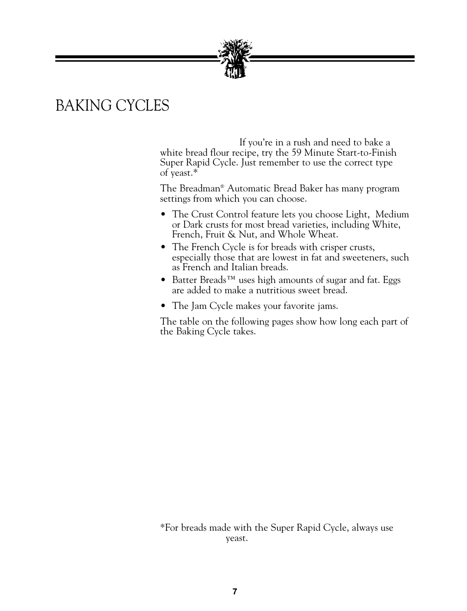 Baking cycles | Breadman BREAD BAKER  TR845 User Manual | Page 9 / 53