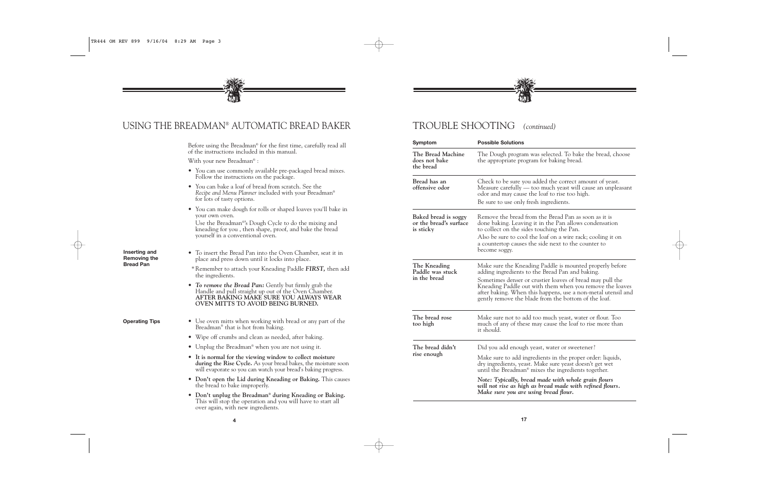 Using the breadman, Automatic bread baker, Trouble shooting | Continued) | Breadman BREAD BAKER TR444 User Manual | Page 19 / 24