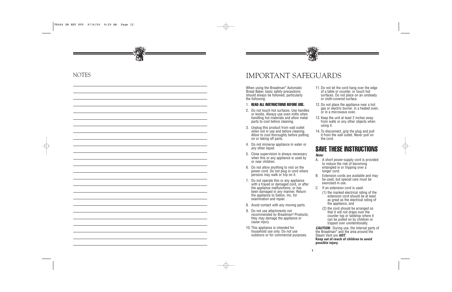 Important safeguards, Save these instructions | Breadman BREAD BAKER TR444 User Manual | Page 3 / 24