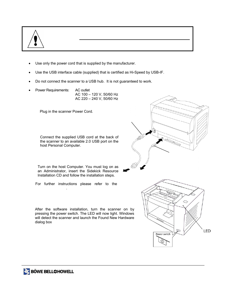 Initial setup and installation, Caution | Bowe, Bell + Howell 1400 User Manual | Page 19 / 108