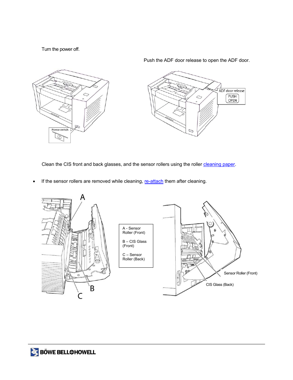Cleaning the cis glass and sensor rollers | Bowe, Bell + Howell 1400 User Manual | Page 40 / 108