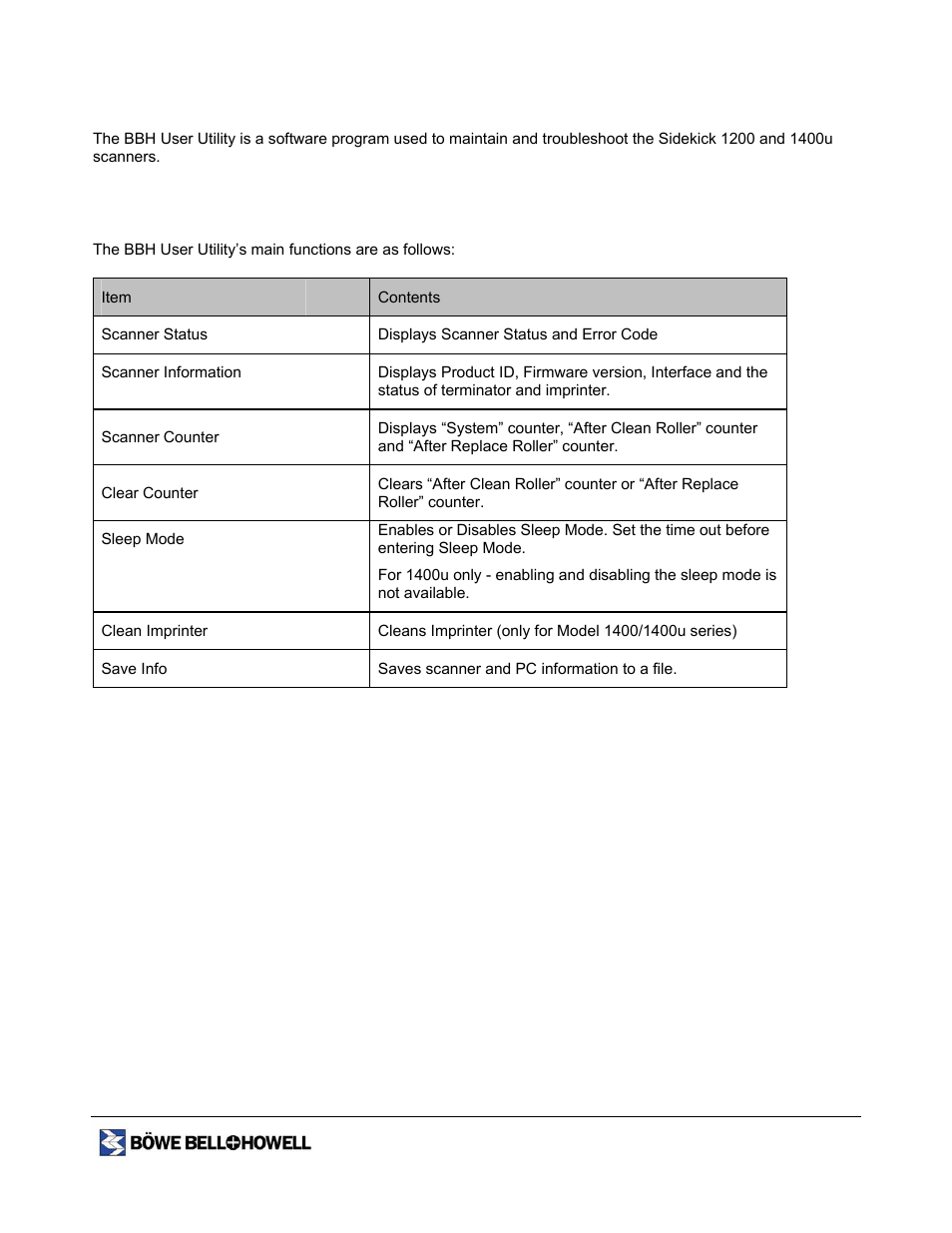 Bbh user utility, Bbh user utility functions | Bowe, Bell + Howell 1400 User Manual | Page 50 / 108