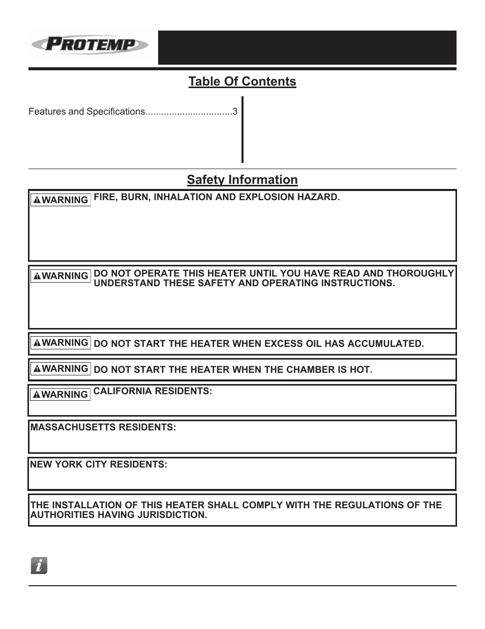 7deoh2i&rqwhqwv, 6dihw\,qirupdwlrq | ProTemp PT-215T-KFA User Manual | Page 2 / 16