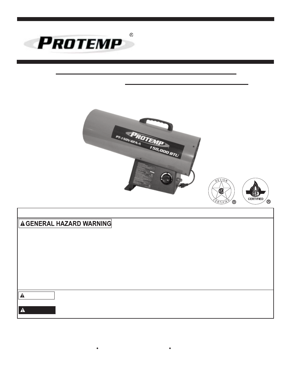 ProTemp PT-150V-GFA User Manual | 12 pages