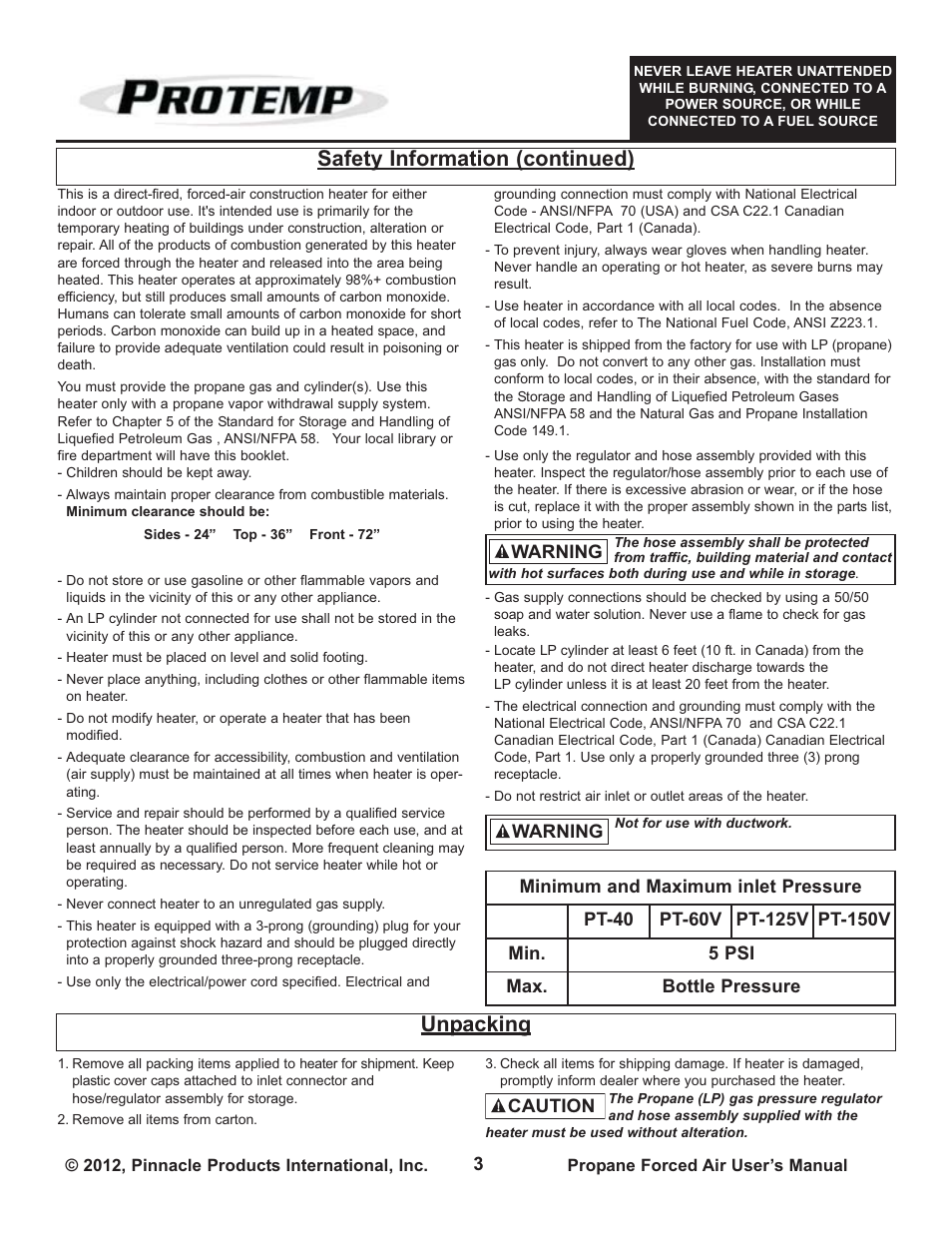 Safety information (continued), Unpacking | ProTemp PT-150V-GFA User Manual | Page 3 / 12