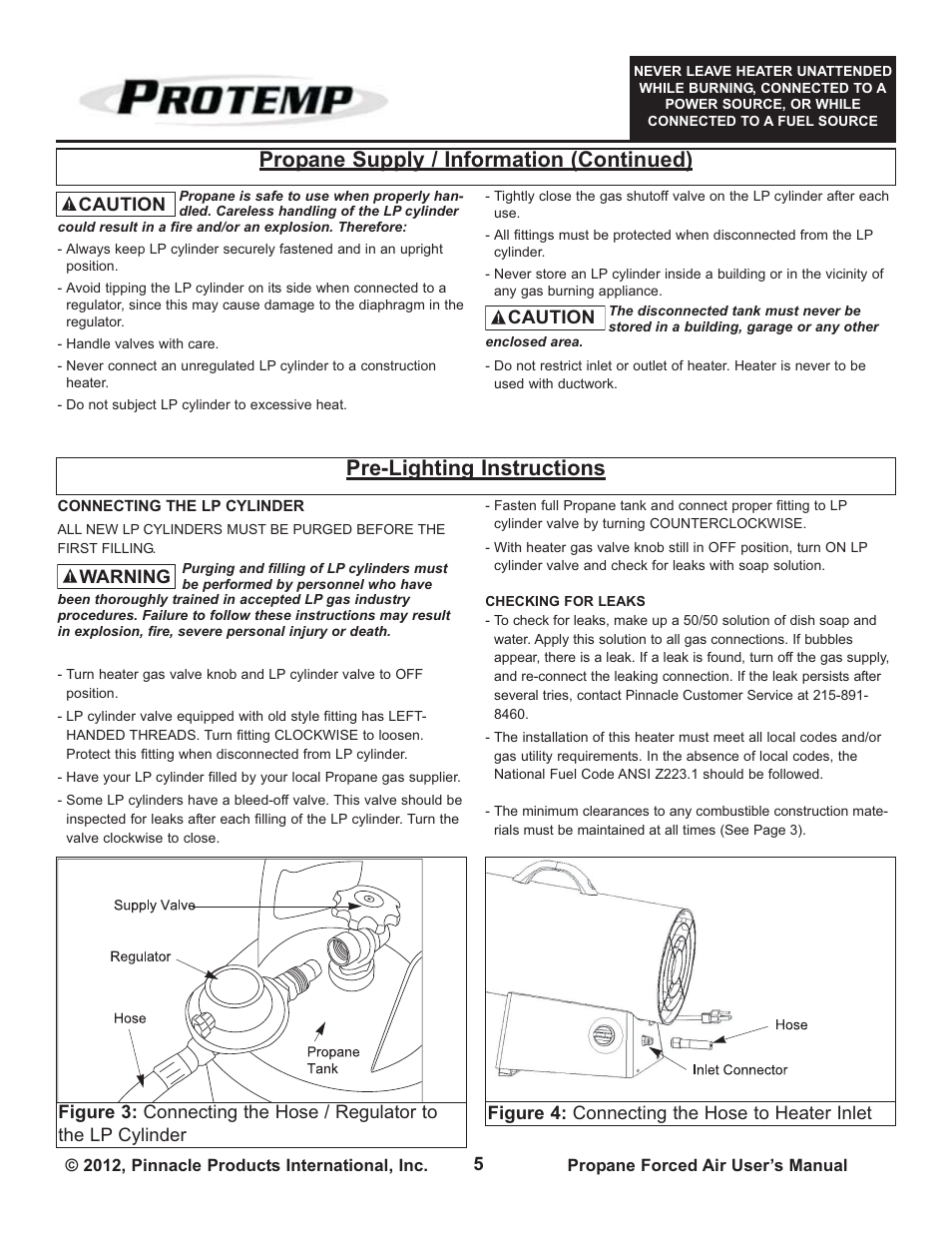 Pre-lighting instructions, Propane supply / information (continued) | ProTemp PT-150V-GFA User Manual | Page 5 / 12