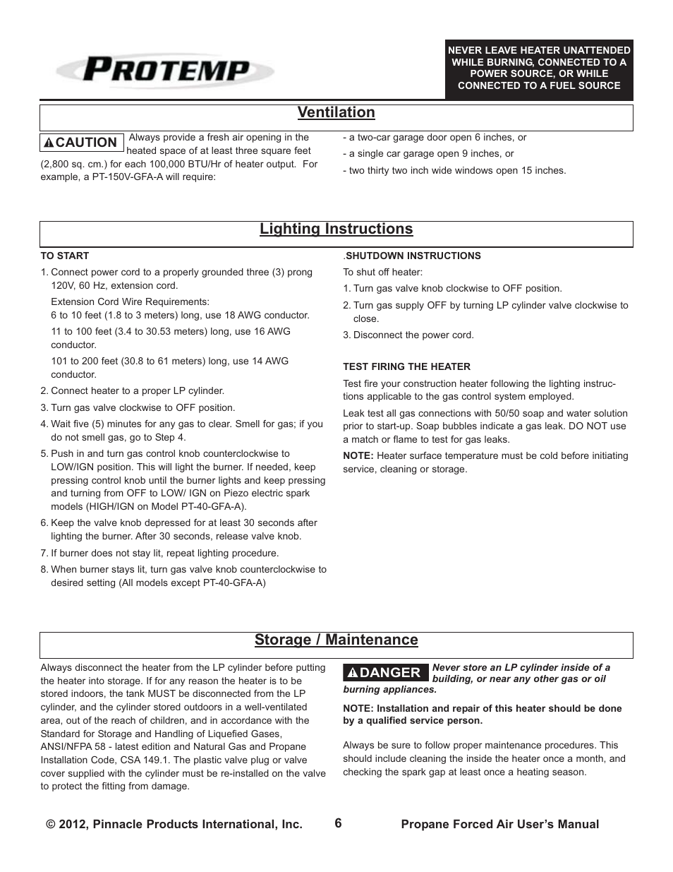 Ventilation, Lighting instructions storage / maintenance | ProTemp PT-150V-GFA User Manual | Page 6 / 12