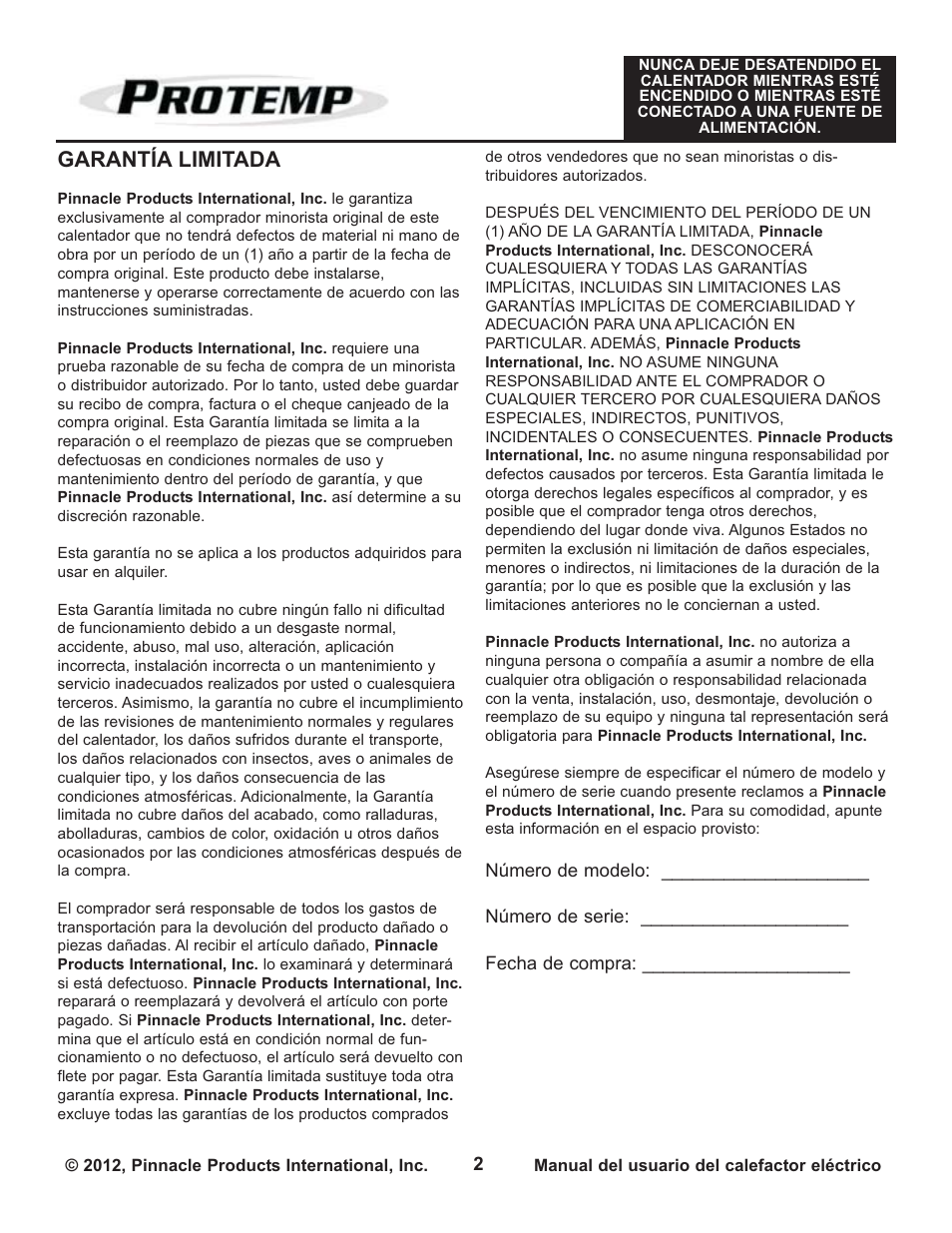 Garantía limitada | ProTemp PT-03-240 User Manual | Page 10 / 24