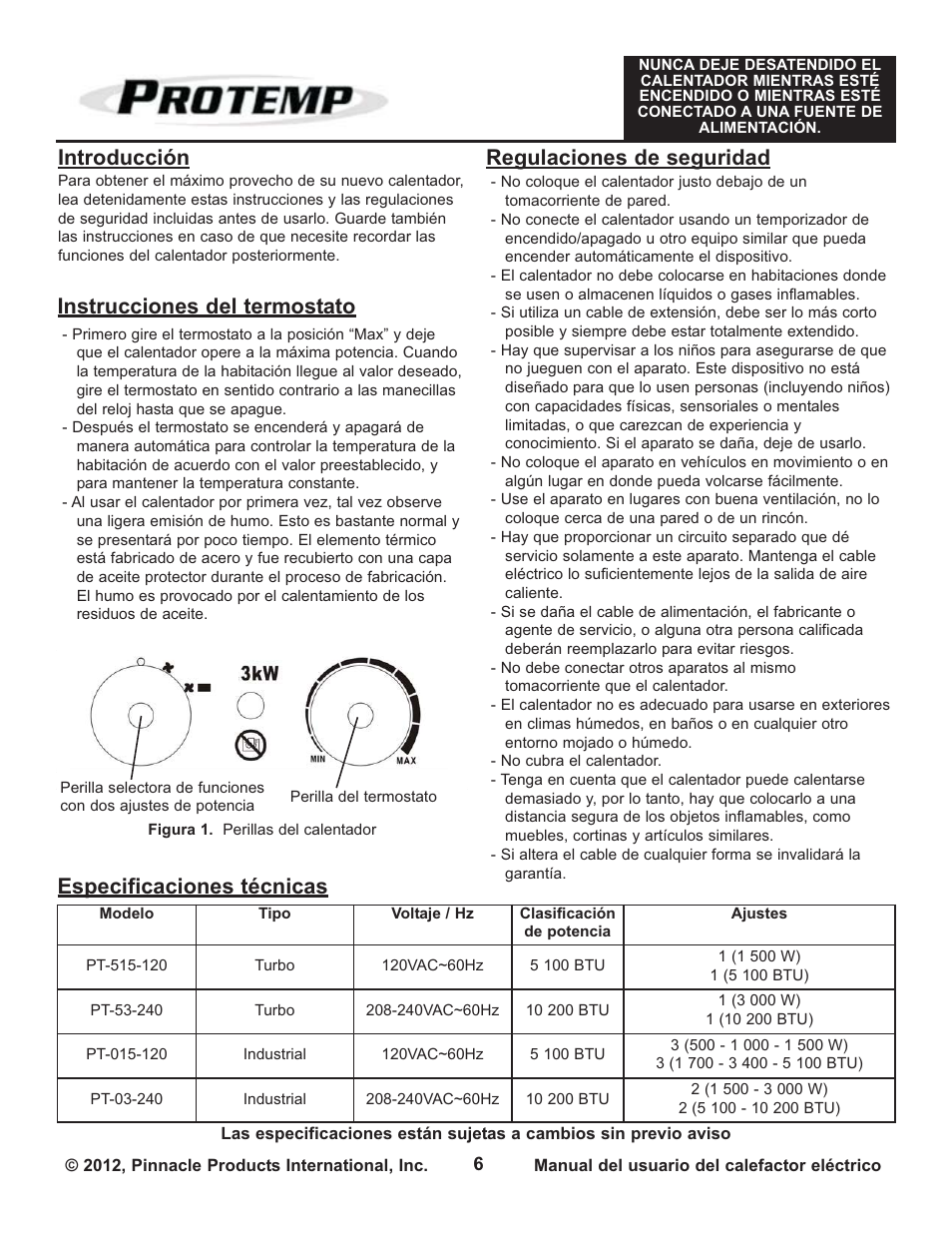 Introducción, Especificaciones técnicas, Instrucciones del termostato | Regulaciones de seguridad | ProTemp PT-03-240 User Manual | Page 14 / 24