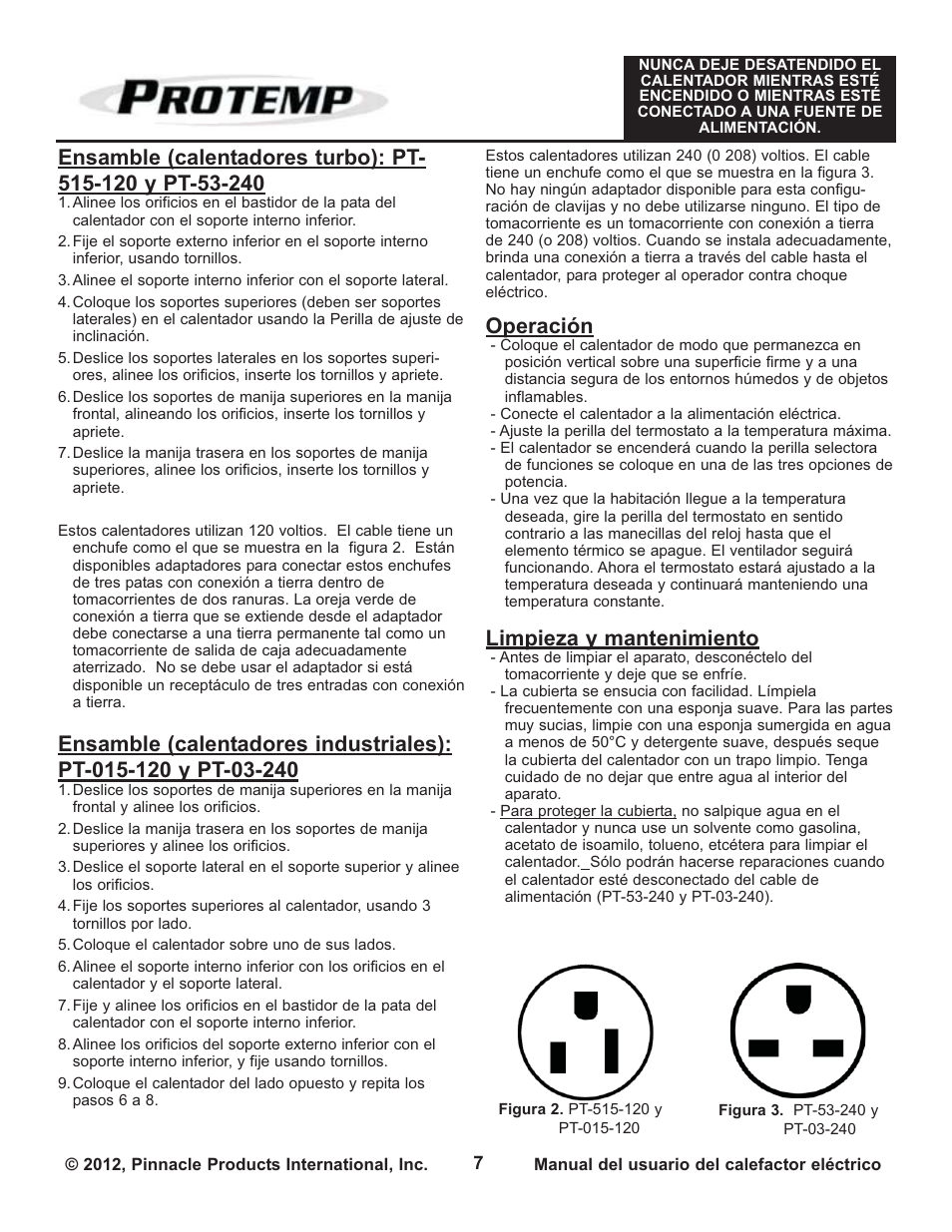 Operación, Limpieza y mantenimiento | ProTemp PT-03-240 User Manual | Page 15 / 24