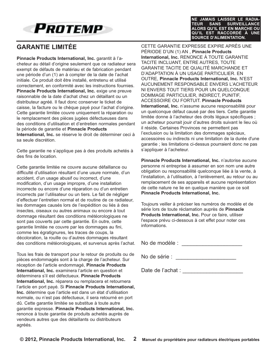 Garantie limitée | ProTemp PT-03-240 User Manual | Page 18 / 24