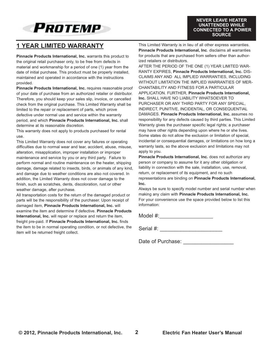 1 year limited warranty | ProTemp PT-03-240 User Manual | Page 2 / 24