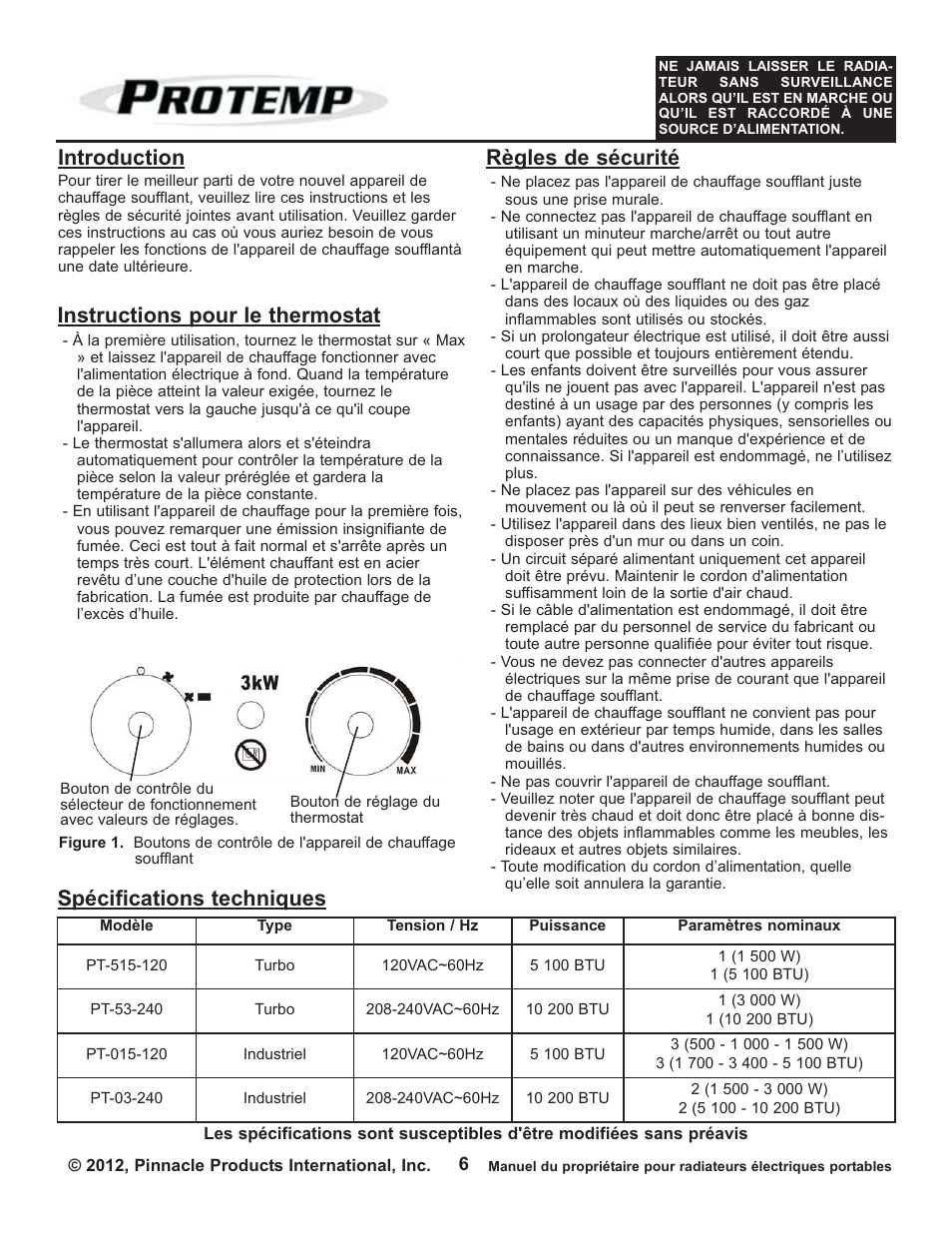 Introduction, Spécifications techniques, Instructions pour le thermostat | Règles de sécurité | ProTemp PT-03-240 User Manual | Page 22 / 24