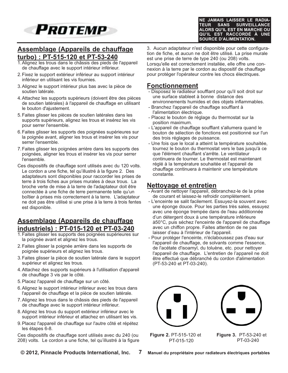 Fonctionnement, Nettoyage et entretien | ProTemp PT-03-240 User Manual | Page 23 / 24