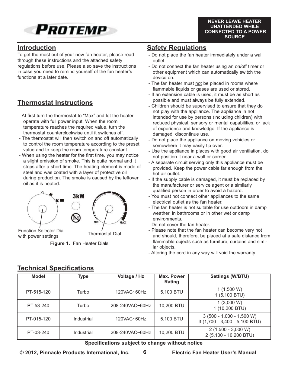 Introduction, Technical specifications, Thermostat instructions | Safety regulations | ProTemp PT-03-240 User Manual | Page 6 / 24