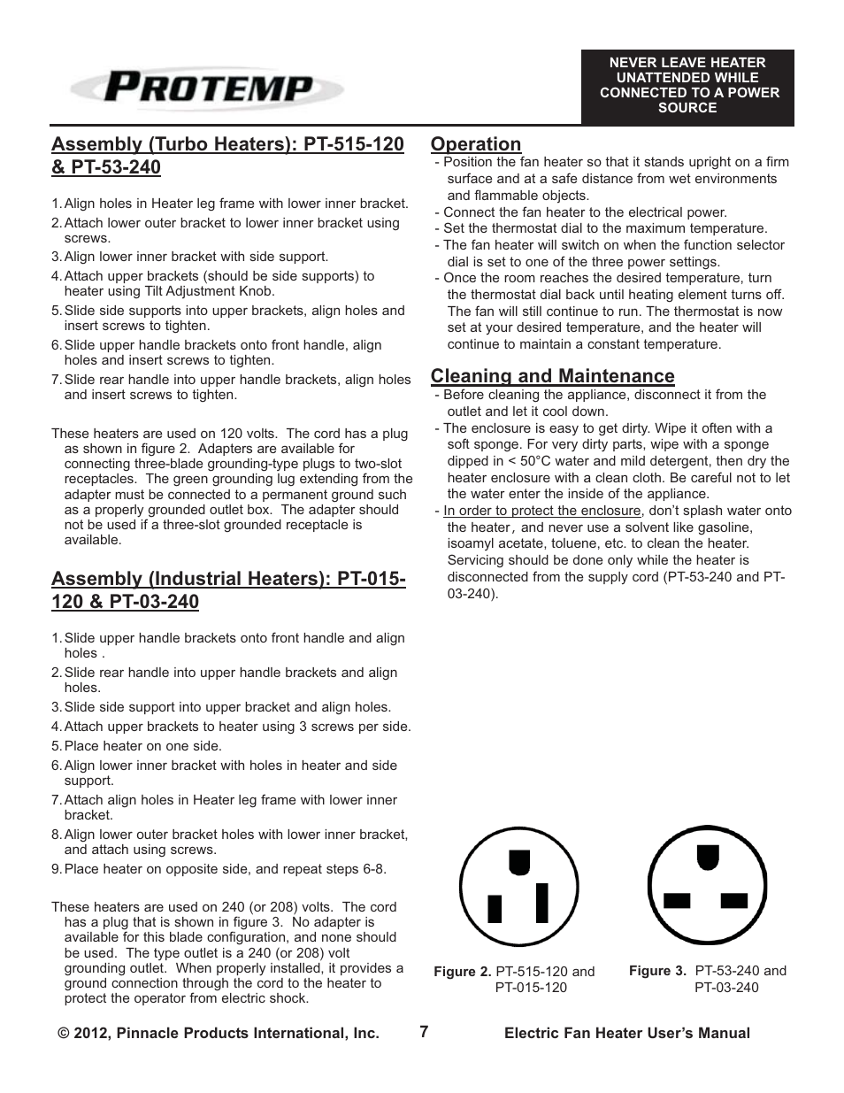 Operation, Cleaning and maintenance | ProTemp PT-03-240 User Manual | Page 7 / 24