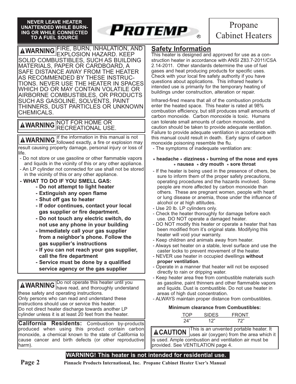 Propane cabinet heaters, Warning, Caution | Page 2, Safety information | ProTemp PT-18-PCH-A User Manual | Page 2 / 8
