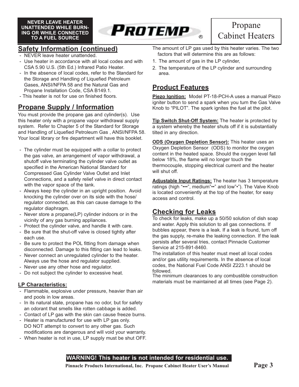 Propane cabinet heaters, Safety information (continued), Propane supply / information | Product features, Checking for leaks, Page 3 | ProTemp PT-18-PCH-A User Manual | Page 3 / 8