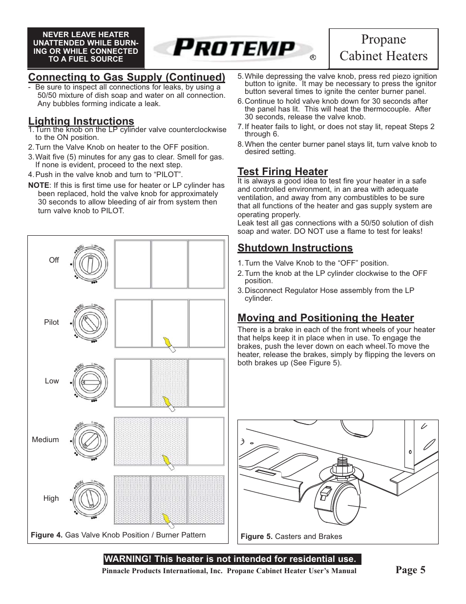Propane cabinet heaters, Connecting to gas supply (continued), Lighting instructions | Test firing heater, Shutdown instructions, Moving and positioning the heater, Page 5 | ProTemp PT-18-PCH-A User Manual | Page 5 / 8