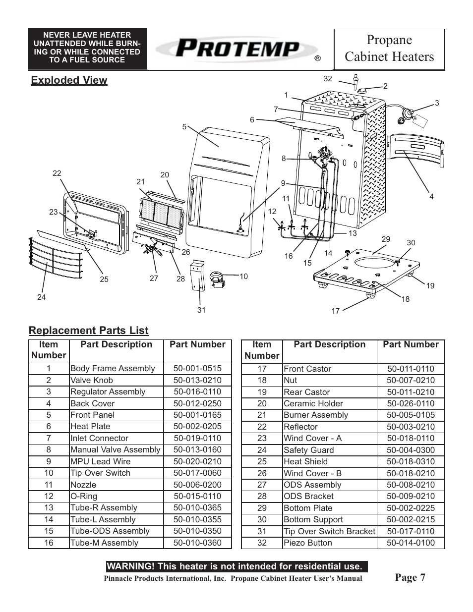 Propane cabinet heaters, Page 7, Replacement parts list | Exploded view | ProTemp PT-18-PCH-A User Manual | Page 7 / 8