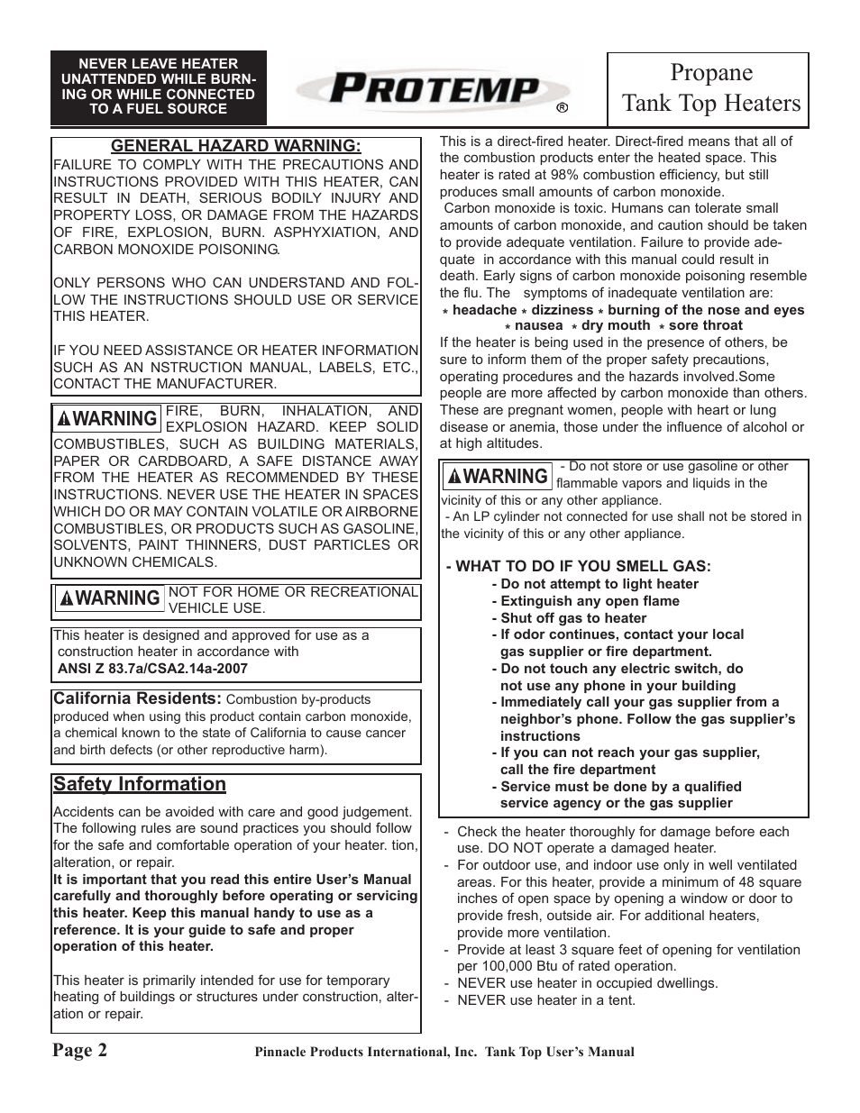 Propane tank top heaters, Warning, Page 2 | Safety information | ProTemp PT-30-TTC User Manual | Page 2 / 8