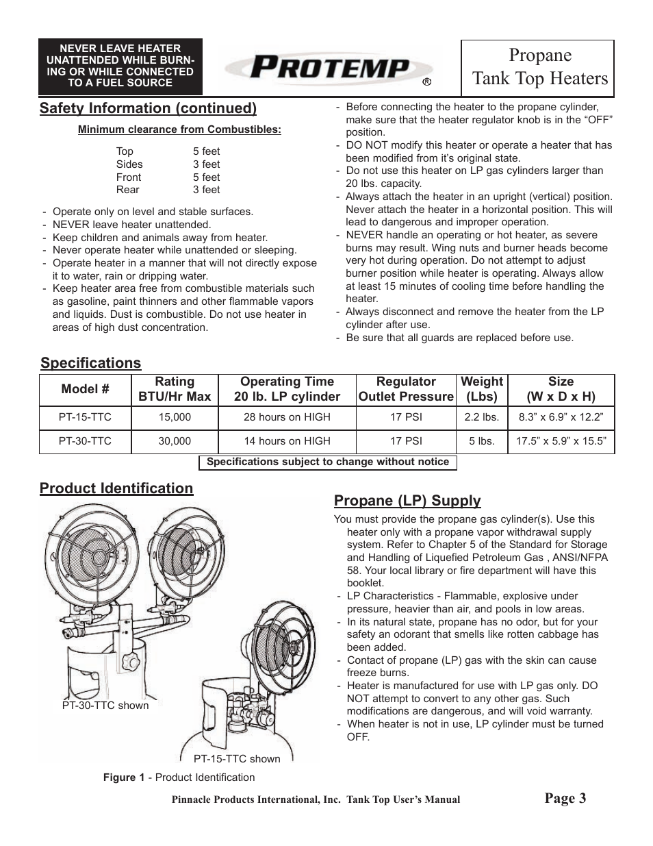 Propane tank top heaters, Propane (lp) supply, Page 3 | Safety information (continued), Product identification, Specifications | ProTemp PT-30-TTC User Manual | Page 3 / 8