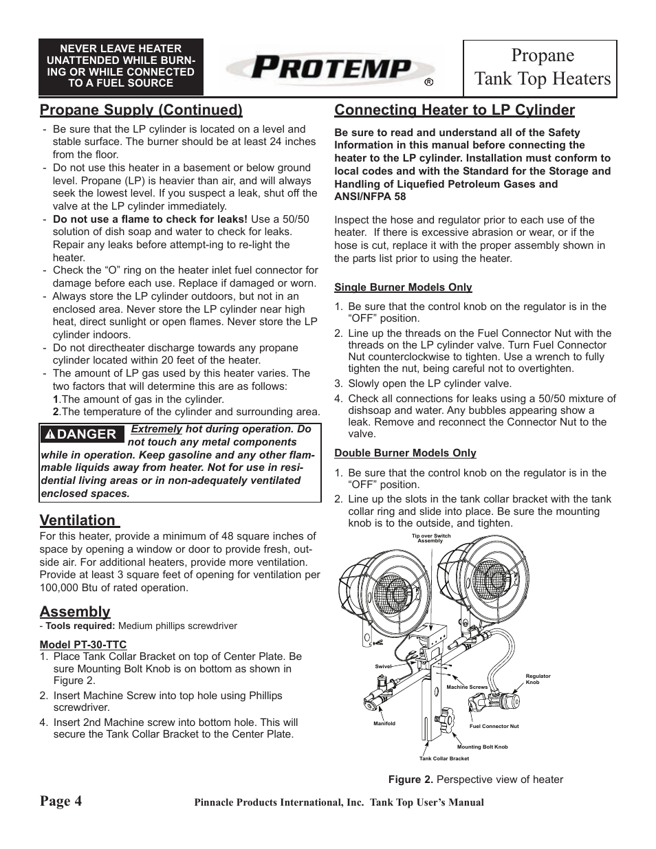 Propane tank top heaters, Propane supply (continued), Ventilation | Assembly, Connecting heater to lp cylinder, Page 4 | ProTemp PT-30-TTC User Manual | Page 4 / 8