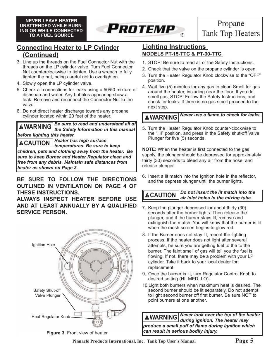 Propane tank top heaters, Warning, Caution | Caution warning, Lighting instructions, Page 5, Connecting heater to lp cylinder (continued) | ProTemp PT-30-TTC User Manual | Page 5 / 8