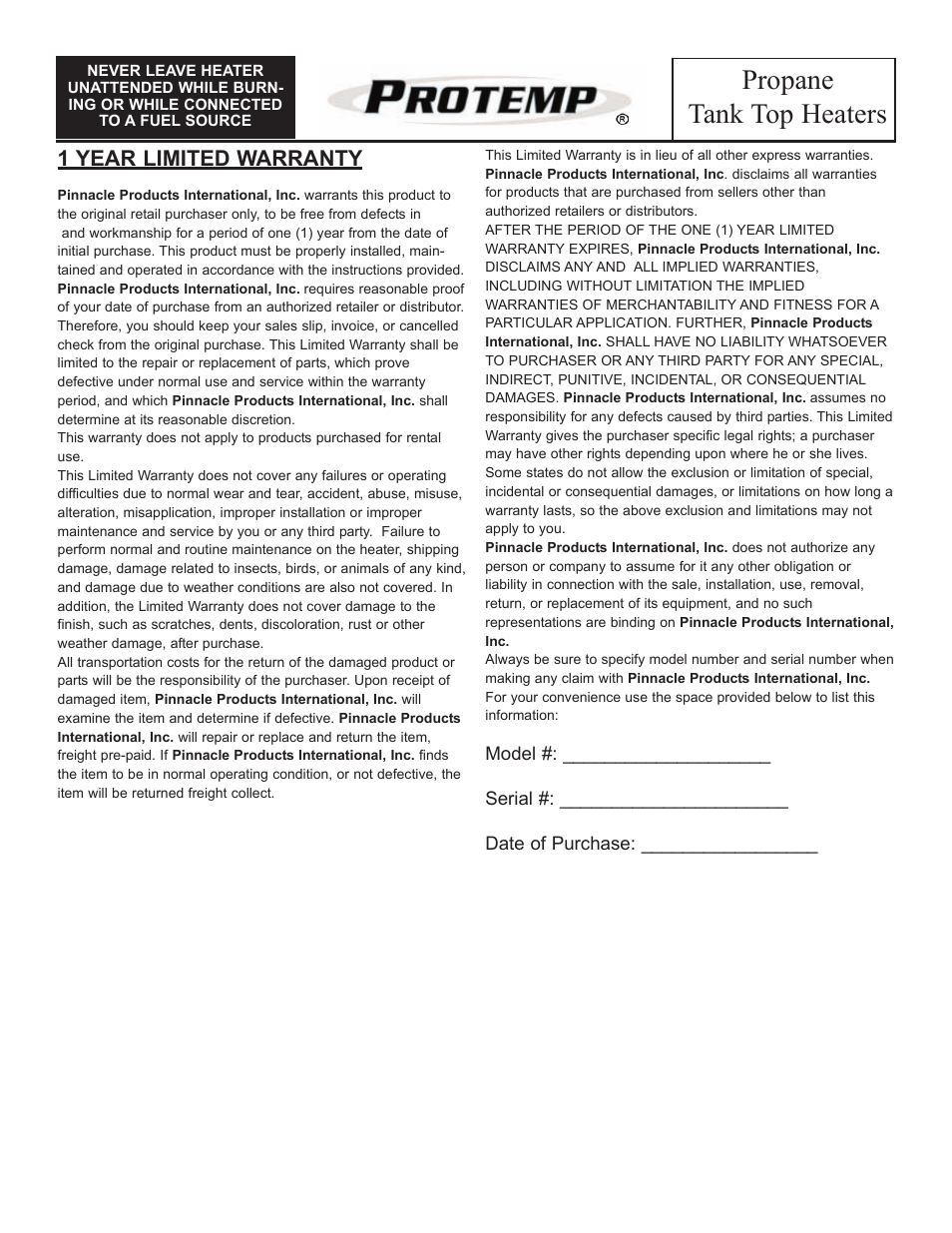 Propane tank top heaters, 1 year limited warranty | ProTemp PT-30-TTC User Manual | Page 8 / 8