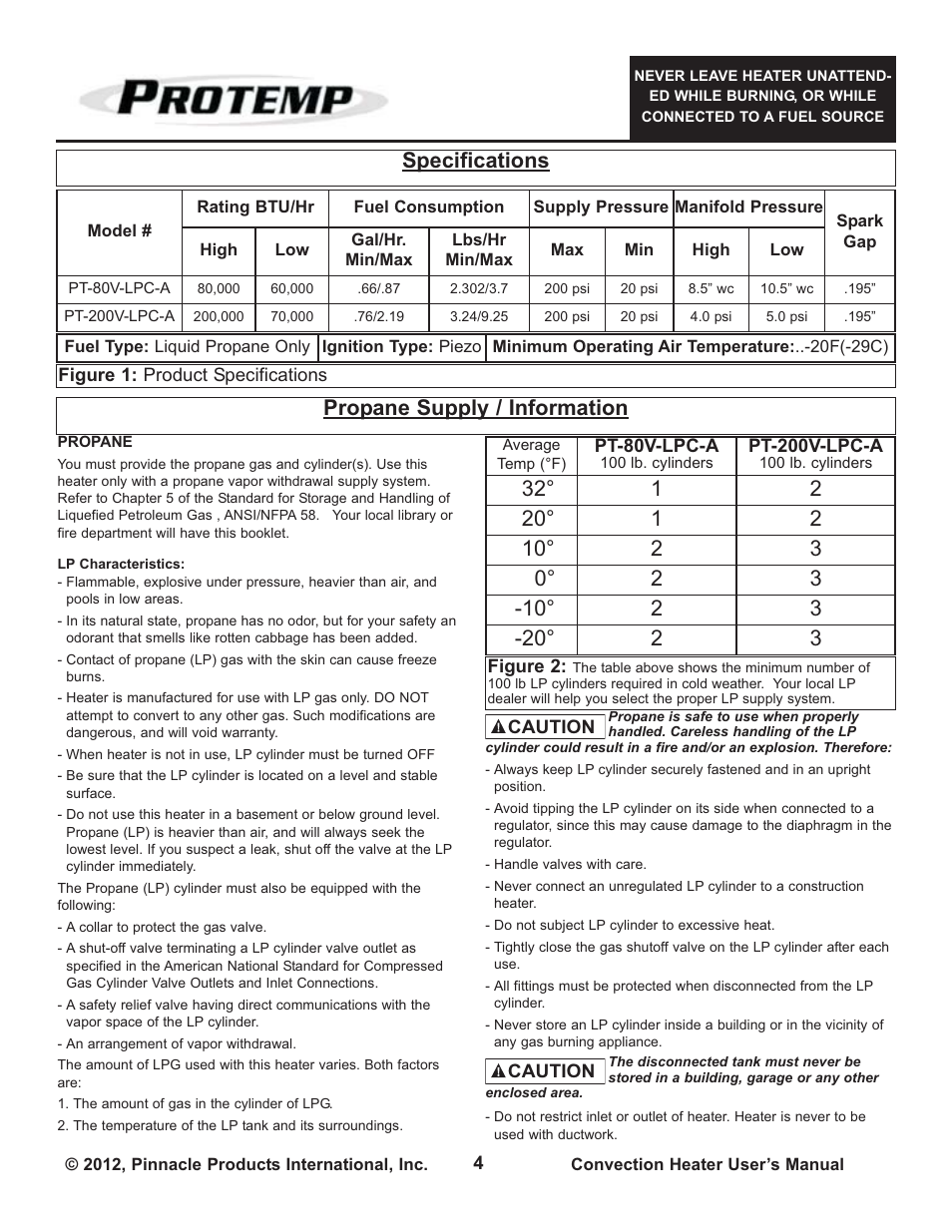 Specifications, Propane supply / information | ProTemp PT-200V-LPC-A User Manual | Page 4 / 8