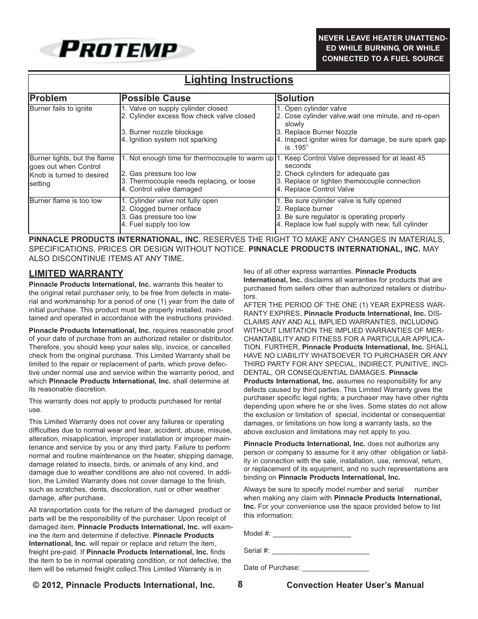 Lighting instructions | ProTemp PT-200V-LPC-A User Manual | Page 8 / 8