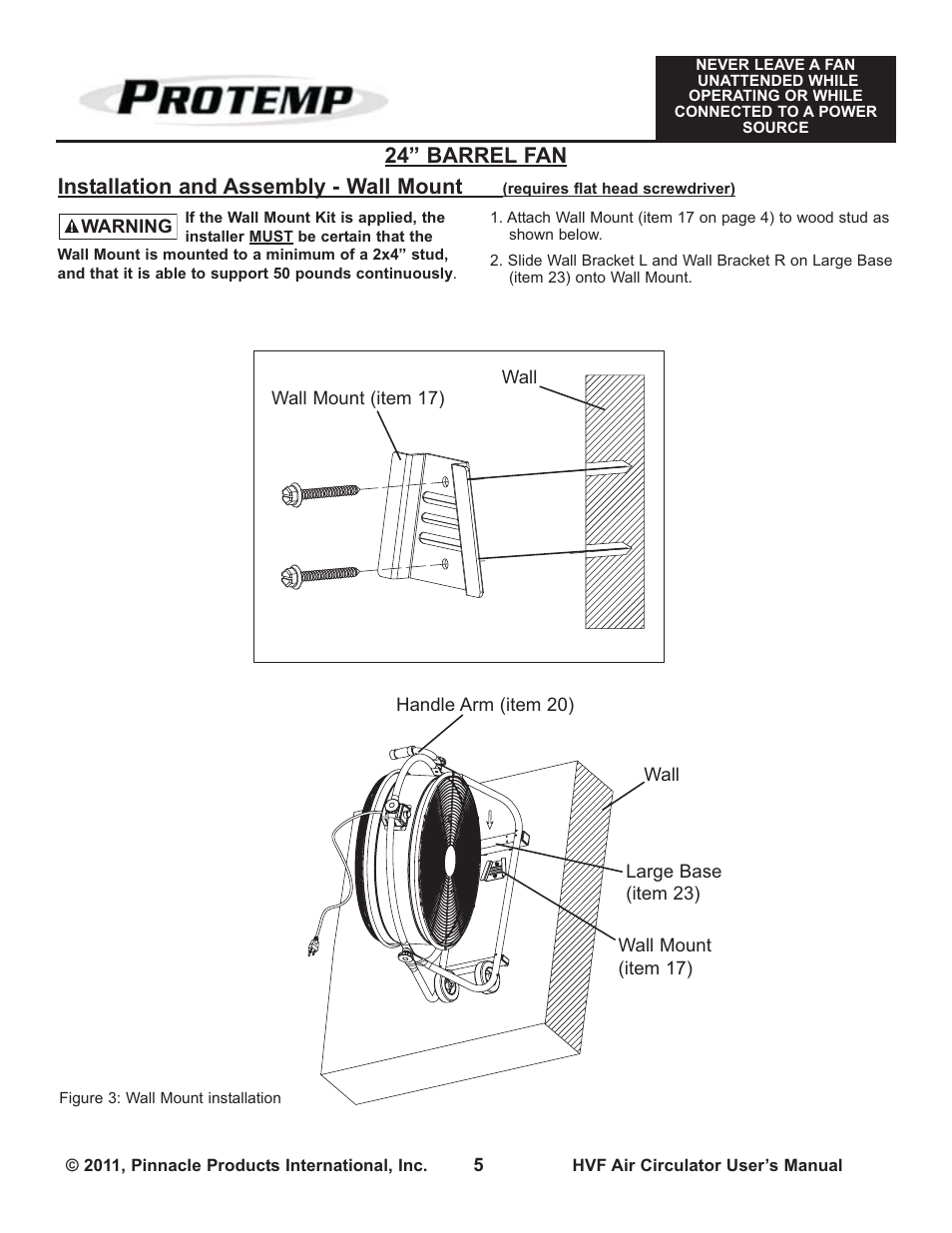 24” barrel fan, Installation and assembly - wall mount | ProTemp PT-30P-DDF-A User Manual | Page 5 / 12