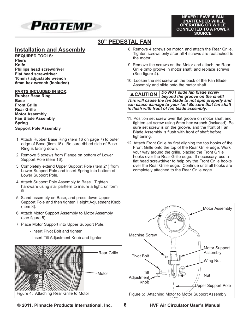 Installation and assembly, 30” pedestal fan | ProTemp PT-30P-DDF-A User Manual | Page 6 / 12