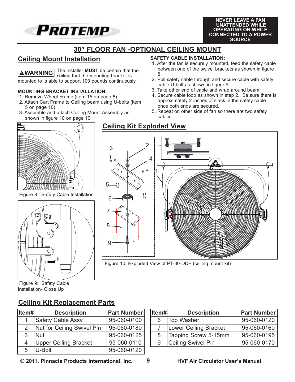 Ceiling kit replacement parts, Ceiling kit exploded view | ProTemp PT-30P-DDF-A User Manual | Page 9 / 12