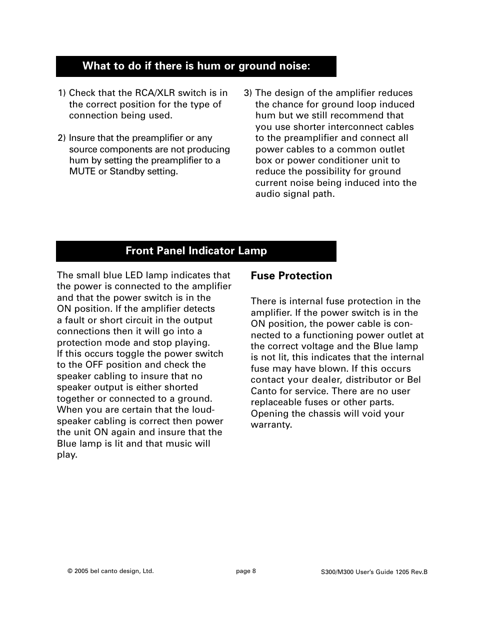 Front panel indicator lamp, Fuse protection, What to do if there is hum or ground noise | Bel Canto Design M300 User Manual | Page 8 / 10