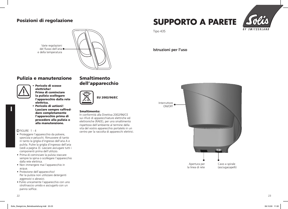 Supporto a parete, Smaltimento dell’apparecchio, Pulizia e manutenzione | Posizioni di regolazione | SOLIS IQ-7 Design Line User Manual | Page 12 / 18
