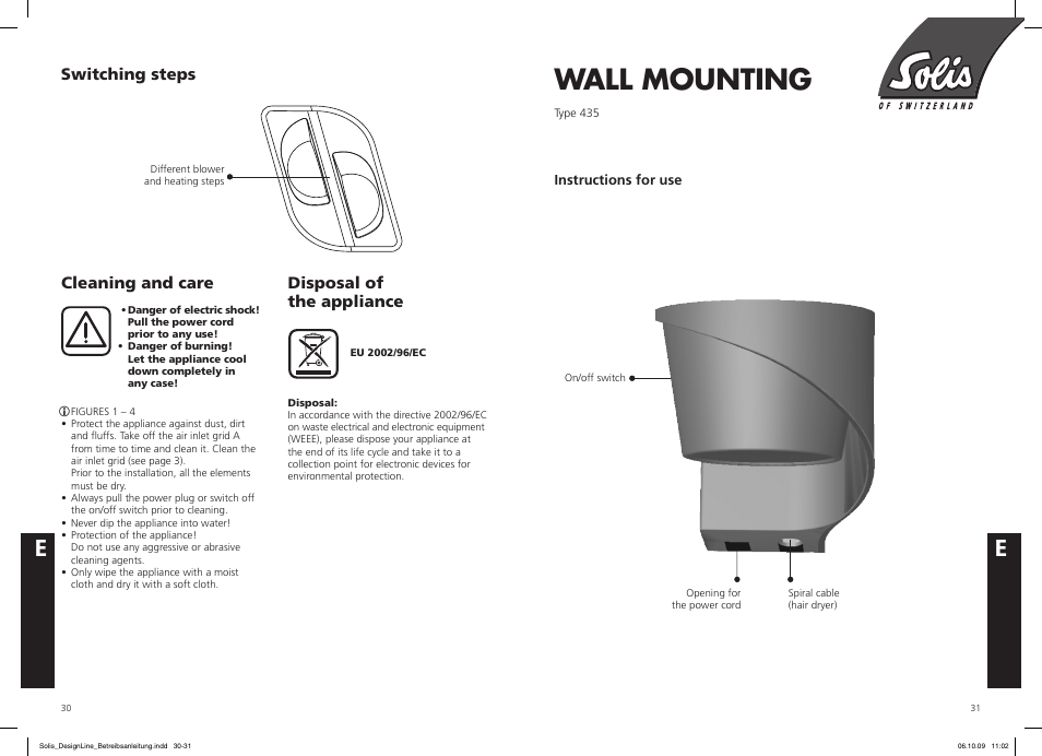 Wall mounting, Disposal of the appliance, Cleaning and care | Switching steps | SOLIS IQ-7 Design Line User Manual | Page 16 / 18