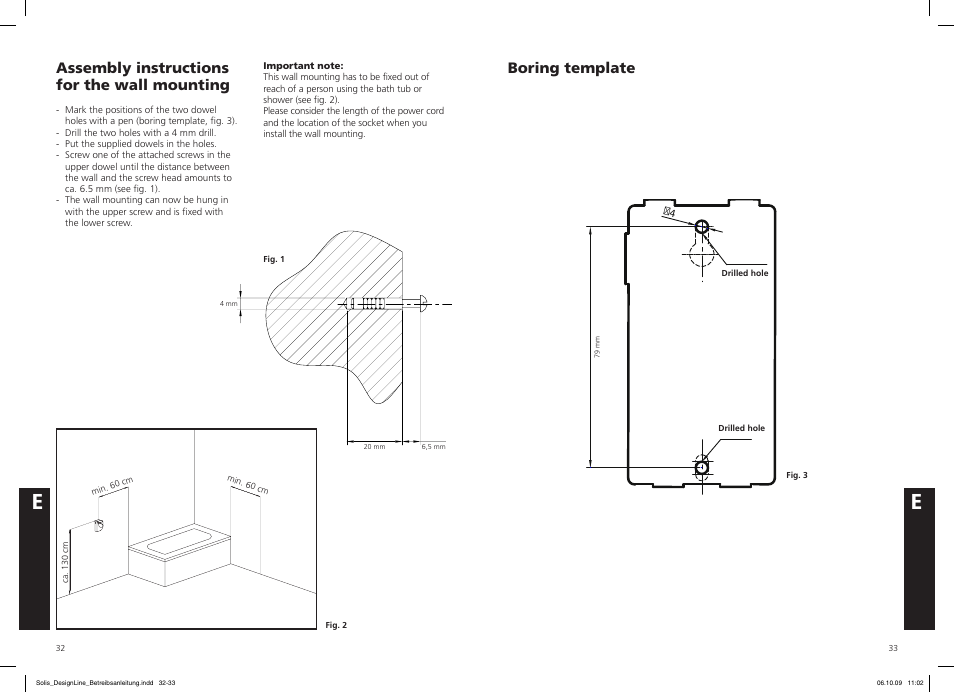 Assembly instructions for the wall mounting, Boring template | SOLIS IQ-7 Design Line User Manual | Page 17 / 18