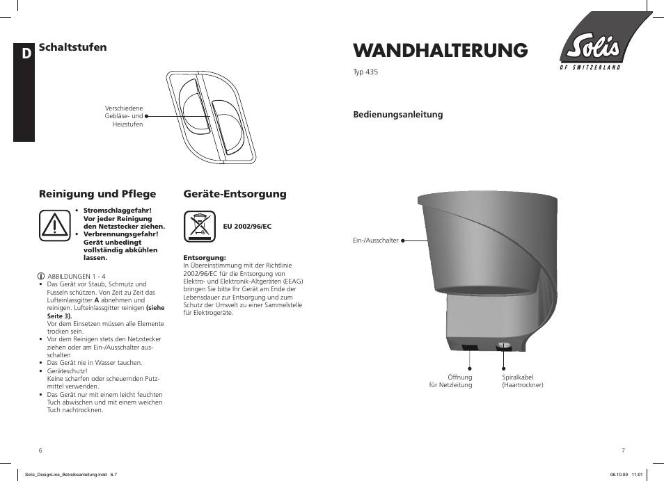 Wandhalterung, Geräte-entsorgung, Reinigung und pflege | Schaltstufen | SOLIS IQ-7 Design Line User Manual | Page 4 / 18