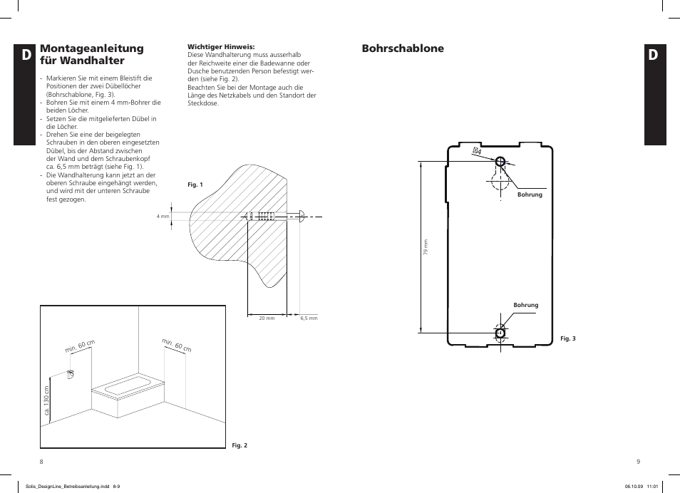 Montageanleitung für wandhalter, Bohrschablone | SOLIS IQ-7 Design Line User Manual | Page 5 / 18
