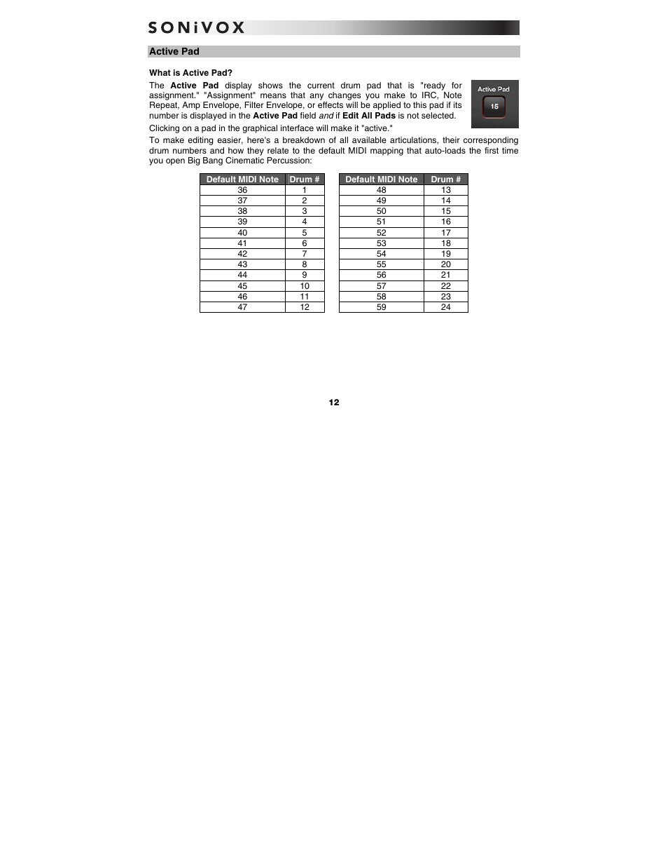 Active pad | SONiVOX Big Bang Cinematic Percussion User Manual | Page 12 / 26