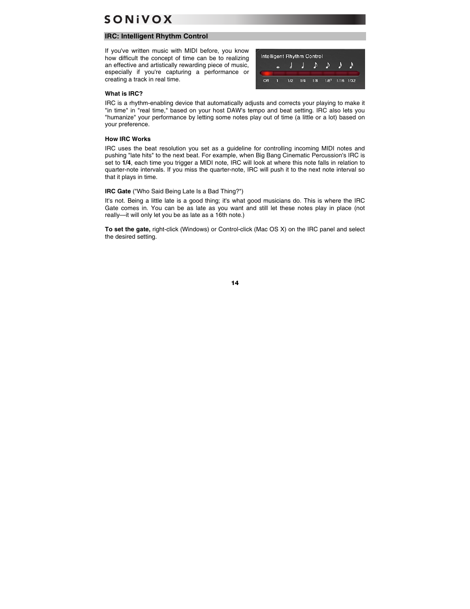 Irc: intelligent rhythm control | SONiVOX Big Bang Cinematic Percussion User Manual | Page 14 / 26