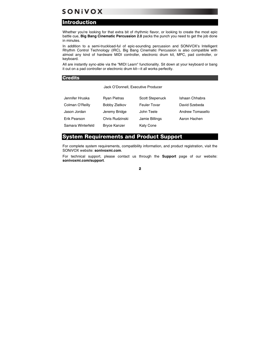 Introduction, Credits, System requirements and product support | SONiVOX Big Bang Cinematic Percussion User Manual | Page 2 / 26