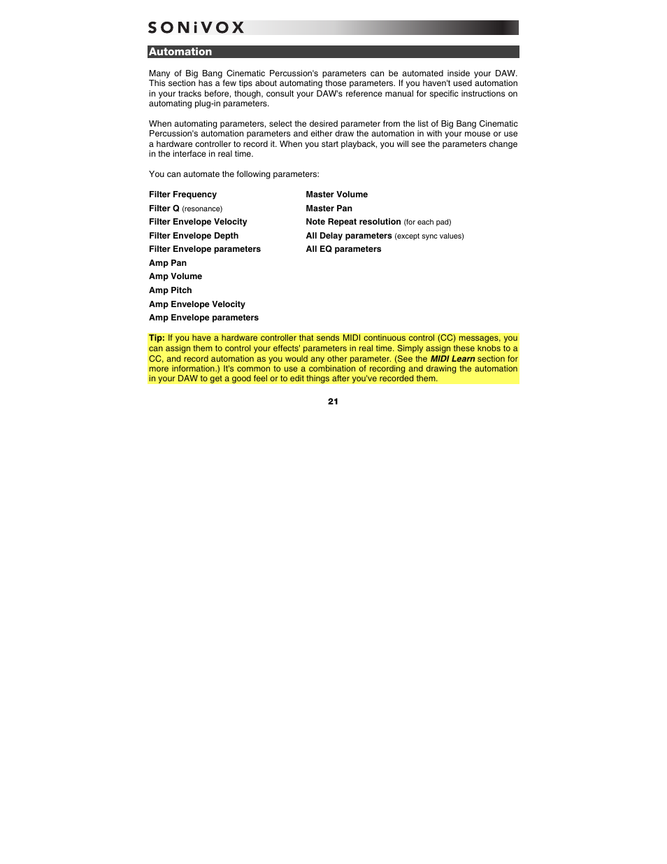 Automation | SONiVOX Big Bang Cinematic Percussion User Manual | Page 21 / 26