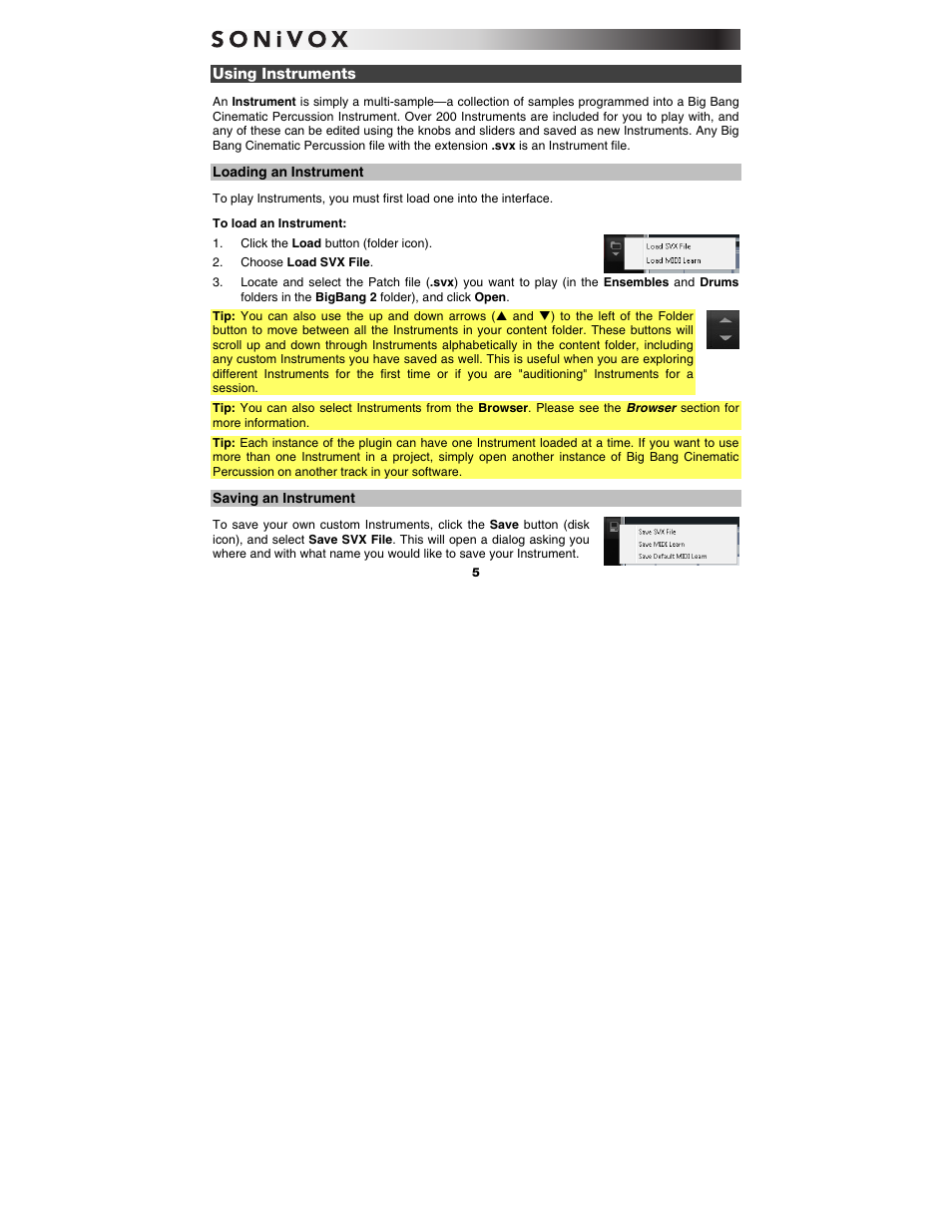 Using instruments, Loading an instrument, Saving an instrument | SONiVOX Big Bang Cinematic Percussion User Manual | Page 5 / 26