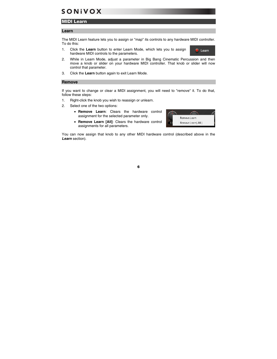 Midi learn, Learn, Remove | SONiVOX Big Bang Cinematic Percussion User Manual | Page 6 / 26