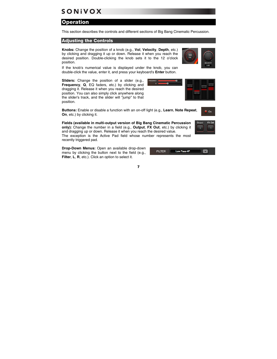 Operation, Adjusting the controls | SONiVOX Big Bang Cinematic Percussion User Manual | Page 7 / 26